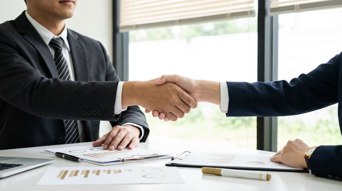Professionals shaking hands over financial documents